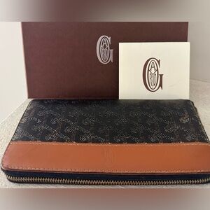 GOYARD Matignon Zip Wallet Black Tan Goyardine w/ Box